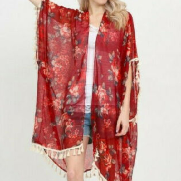 BOHO FLORAL FRINGE MAXI KIMONO CARDIGAN DUSTER OS - Picture 5 of 5